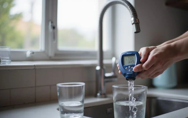 Water quality test kit being used to check TDS levels at a home faucet